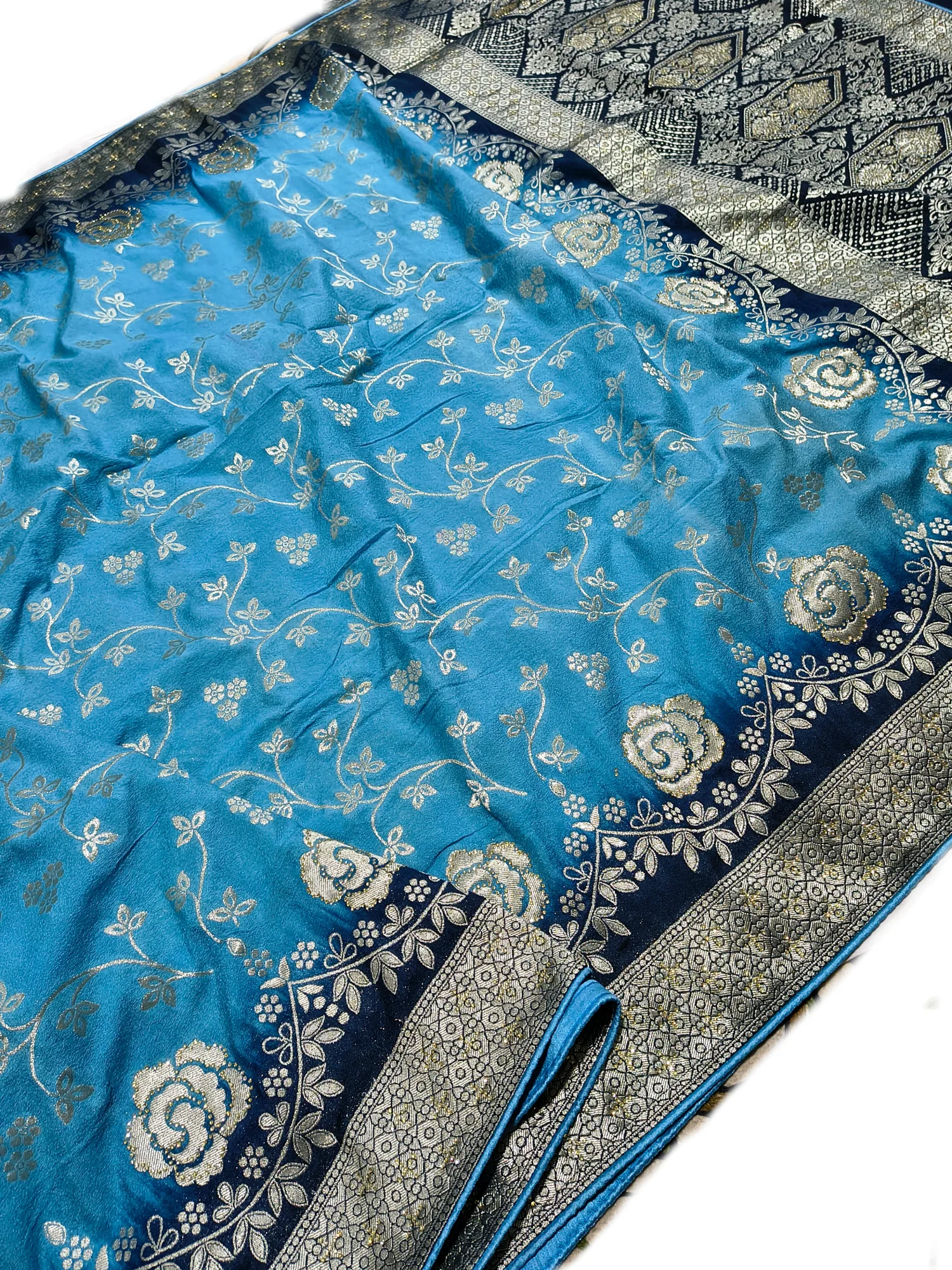 Turquoise Saree with Stud and Zari Work view 2