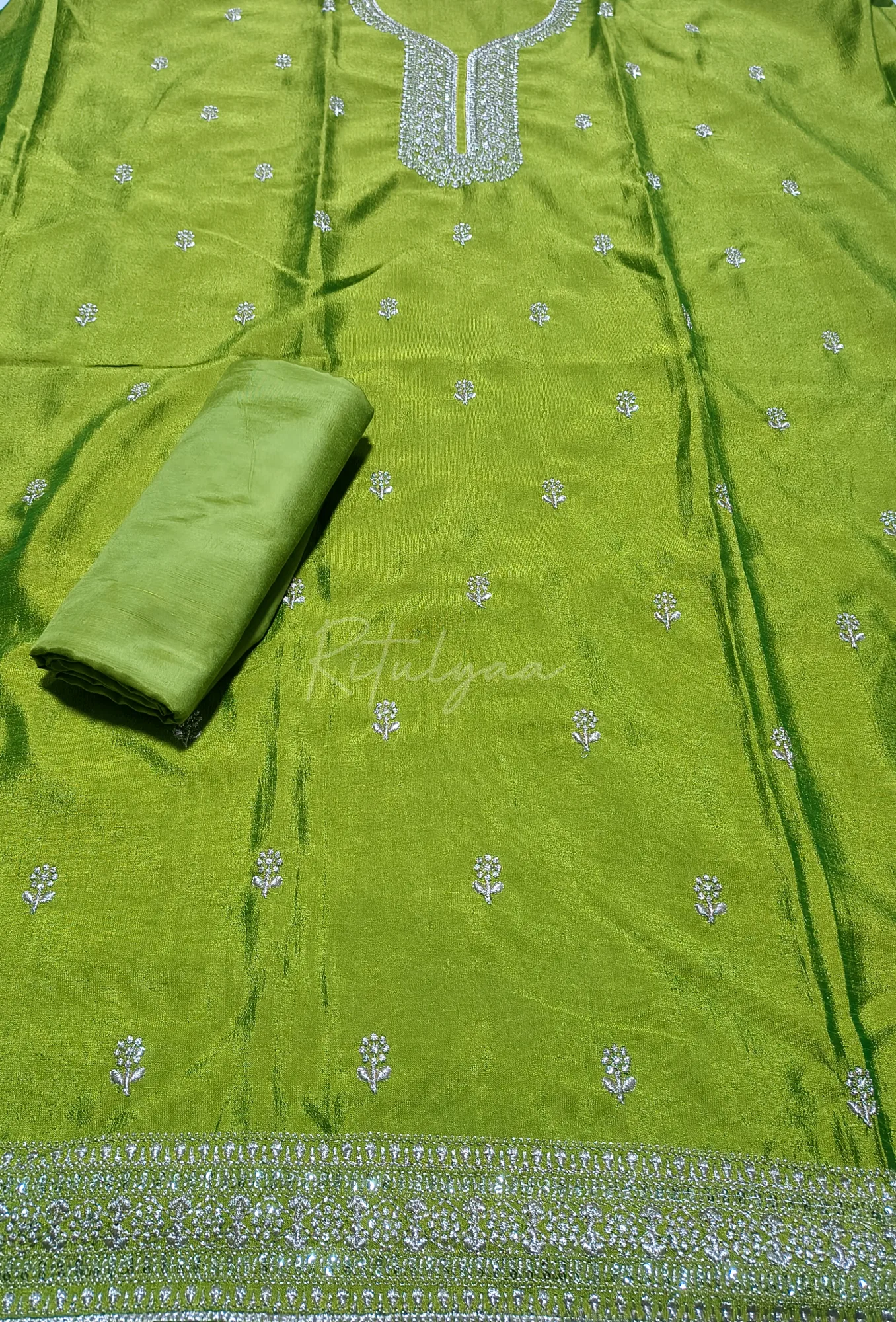Green Allover Embroidery Suit view 4