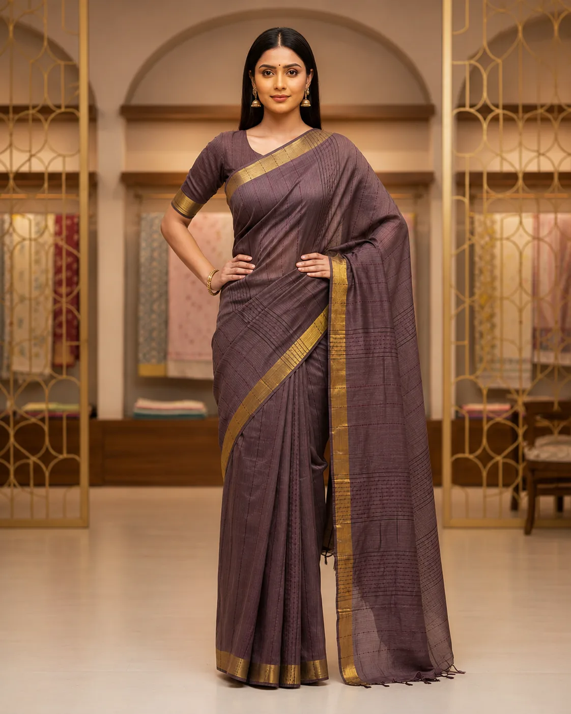 Muted Plum Cotton Linen Saree