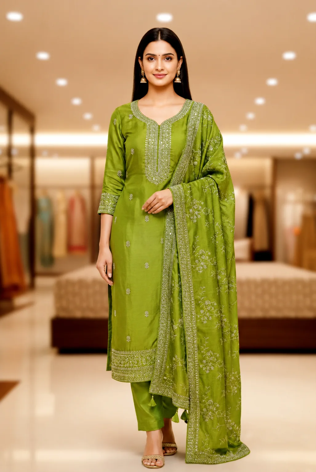 Parrot Green Embroidery Suit