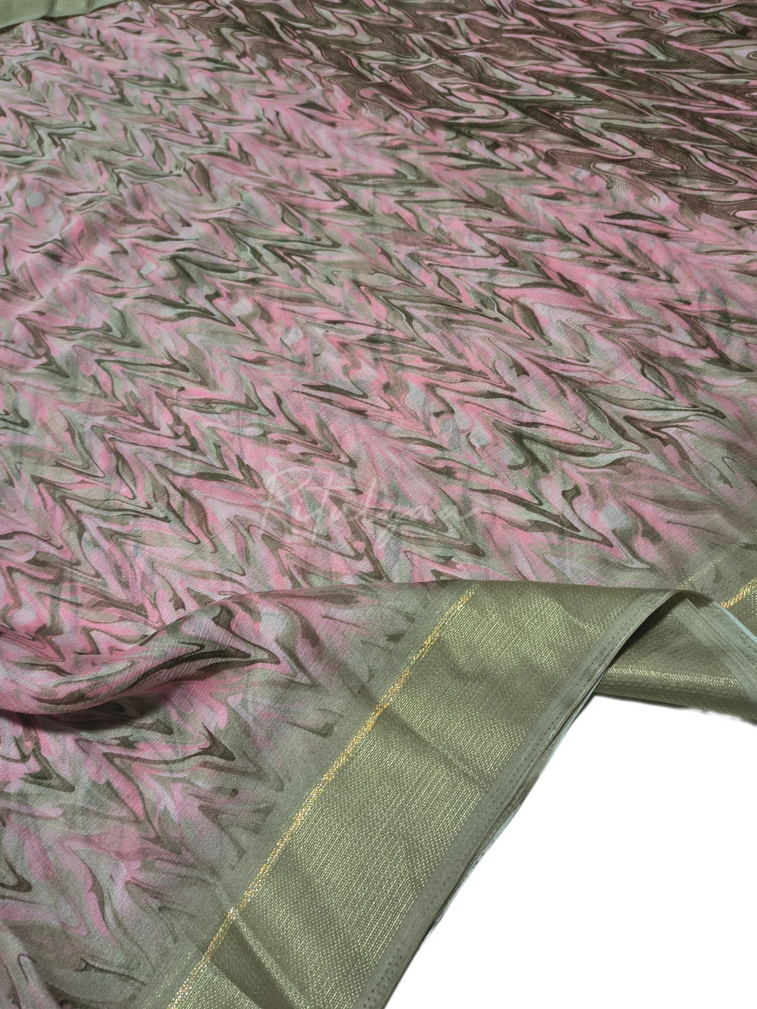 Printed Chinnon Saree With Contrast Border view 2