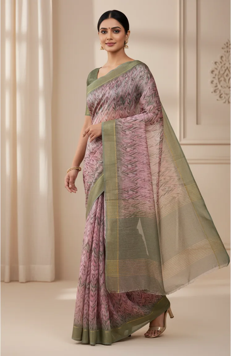 Printed Chinnon Saree With Contrast Border