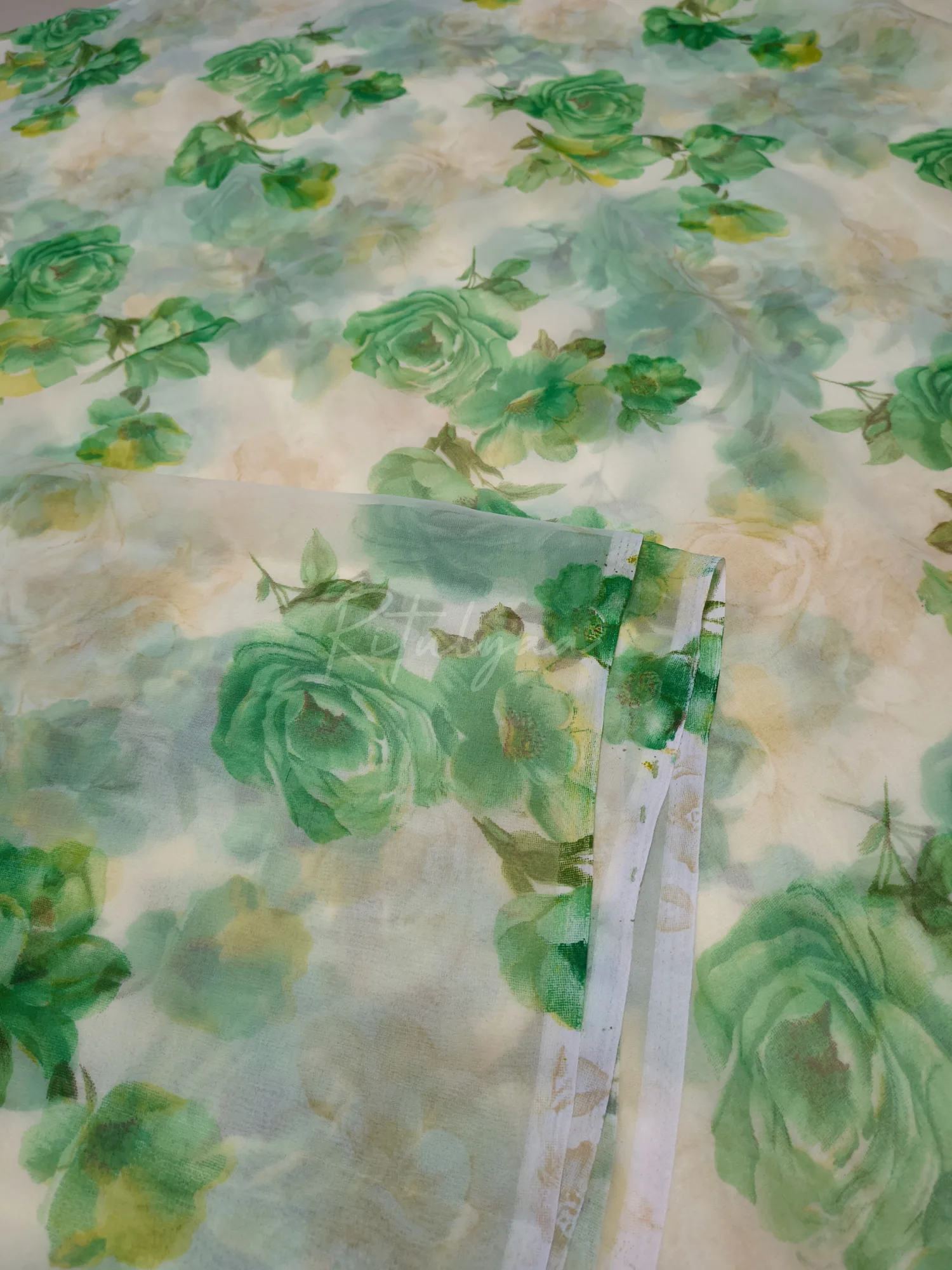 Green Floral Print Georgette Saree view 3