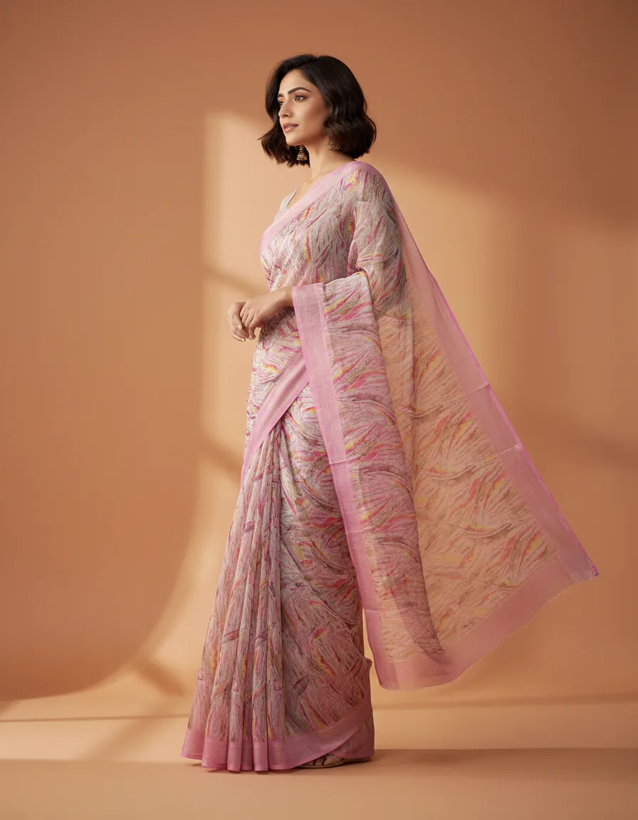 Printed Pastel Pink Chinnon Saree