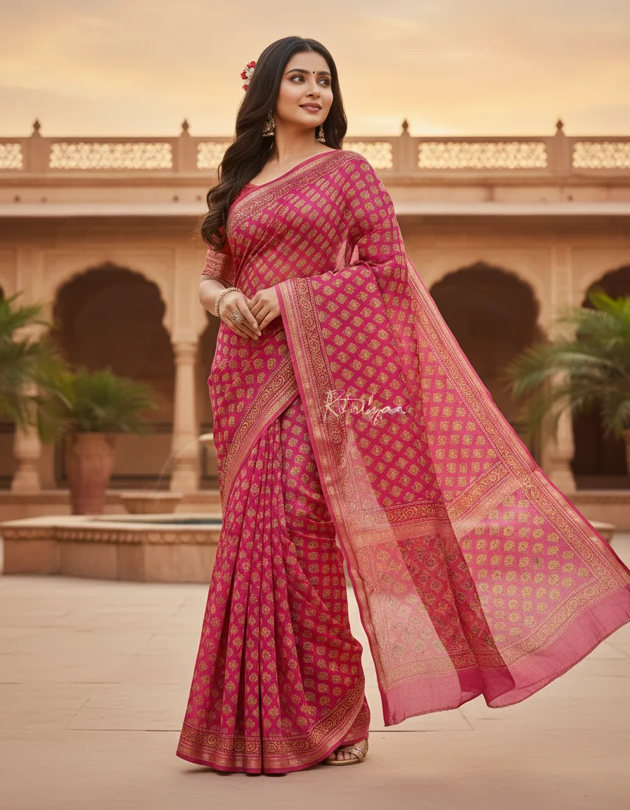 Printed Chiffon Saree With Thin Lace Border