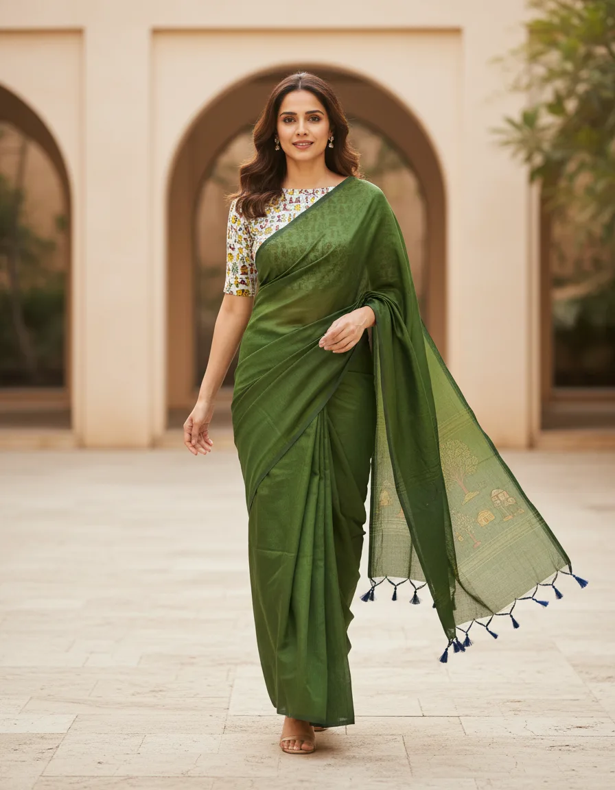Plain Khaddi Cotton Saree With Worli Print Blouse view 5