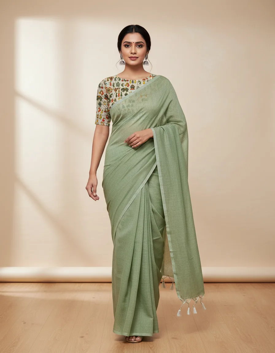 Plain Khaddi Cotton Saree With Worli Print Blouse view 4