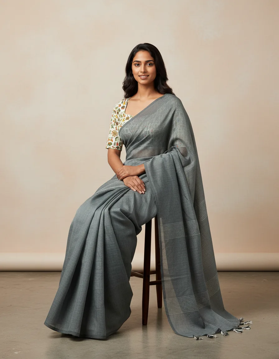 Plain Khaddi Cotton Saree With Worli Print Blouse view 3