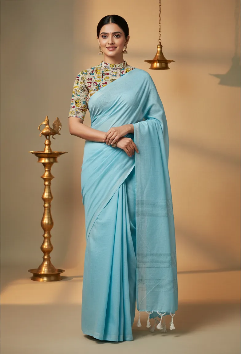 Plain Khaddi Cotton Saree With Worli Print Blouse