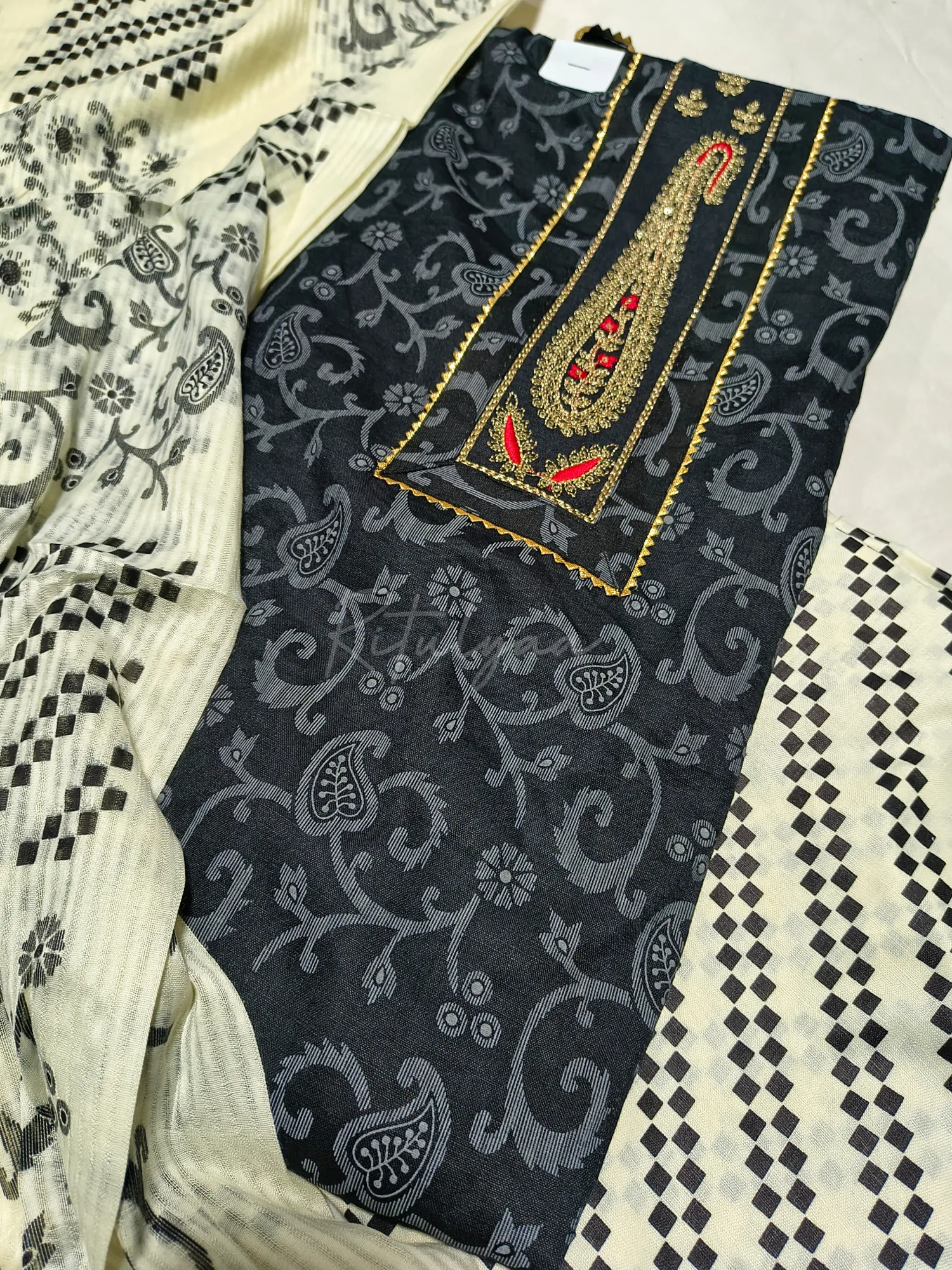 Black Printed Suit With Embroidery view 2