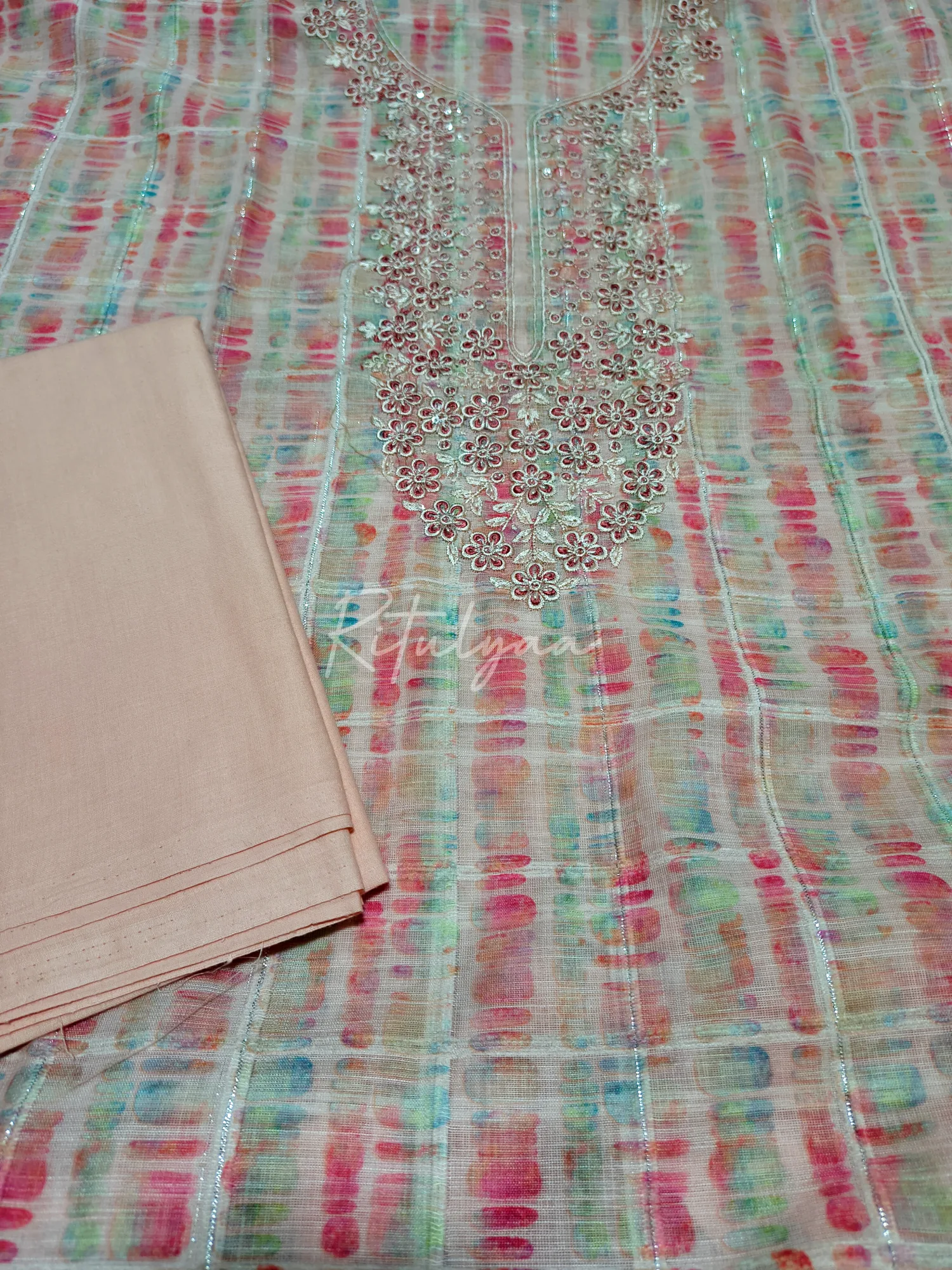 Printed Suit With Neck Embroidery view 3