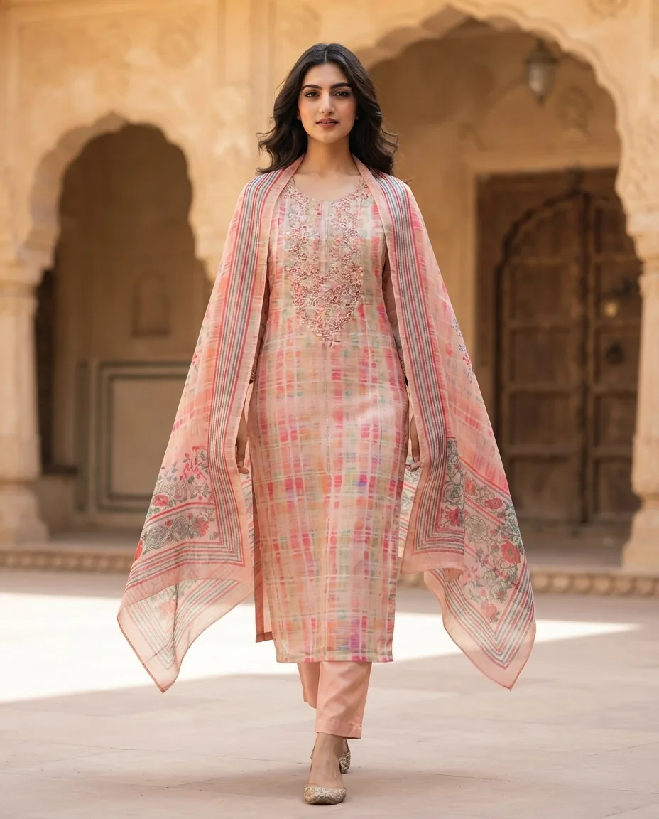 Printed Suit With Neck Embroidery