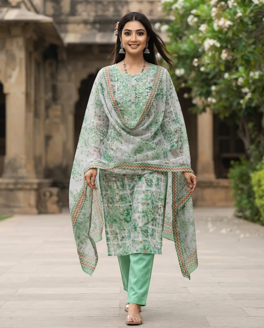 Printed Neck Embroidery Suit