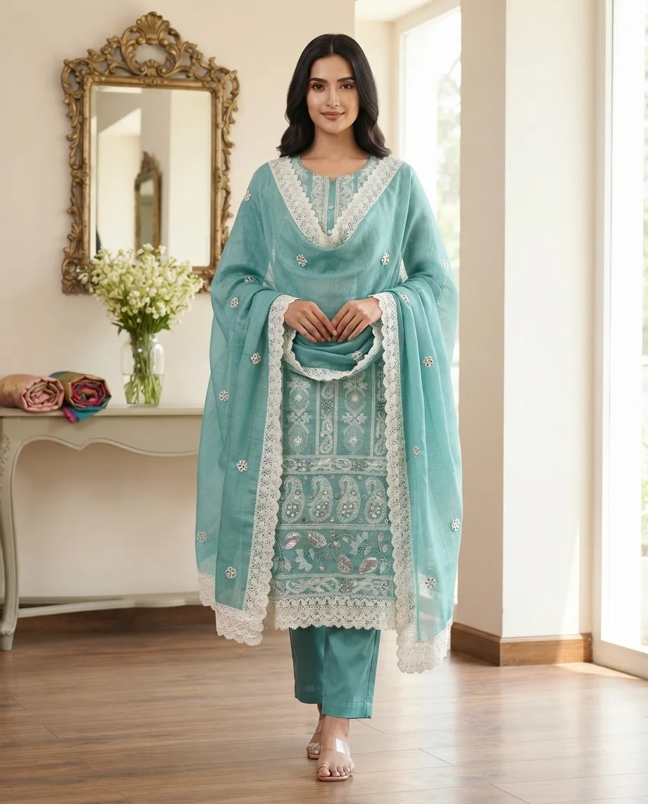 Kota Doria Chikankari Embroidery Suit