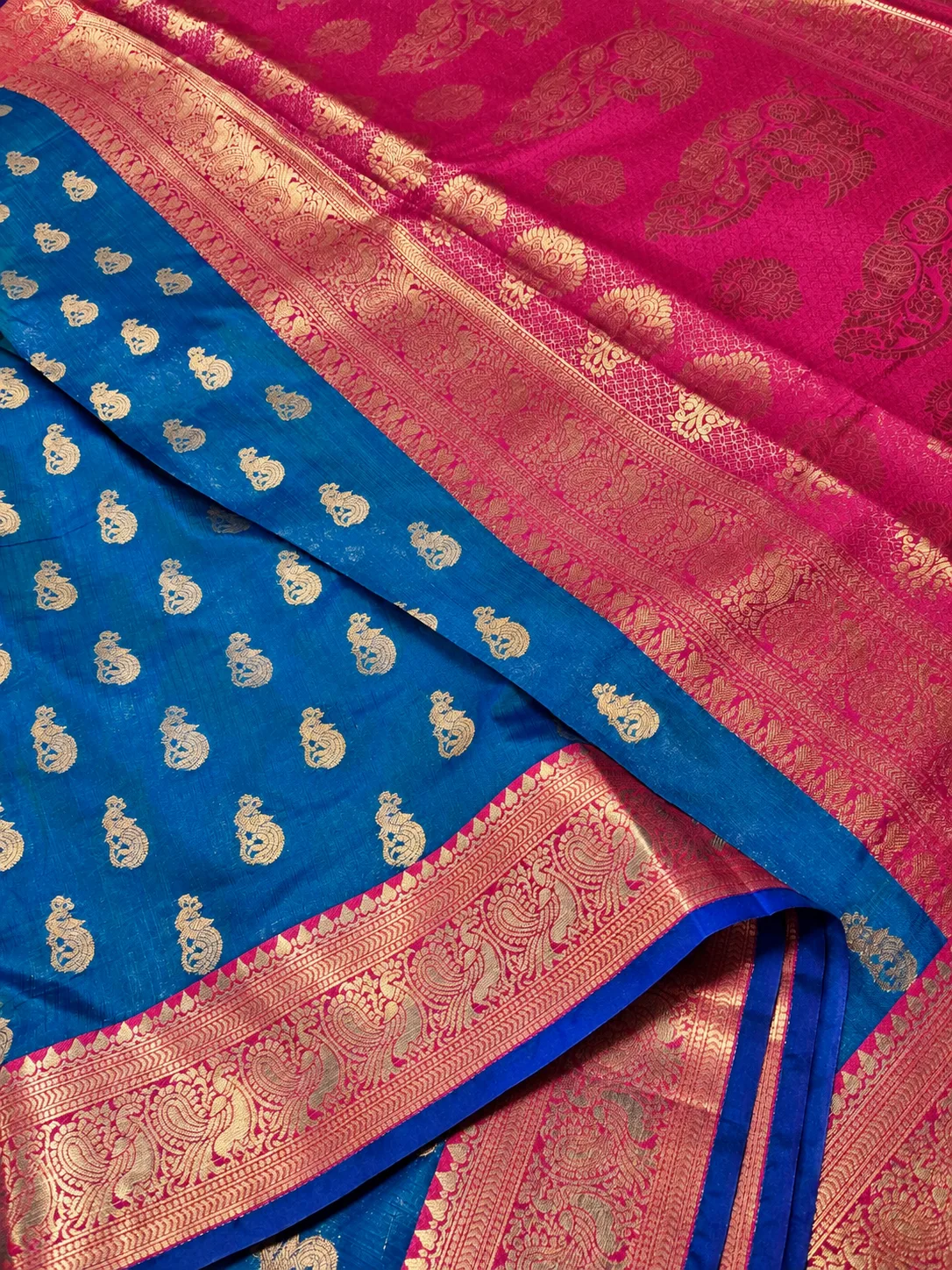 Peacock Blue Allover Zari Border Saree view 2