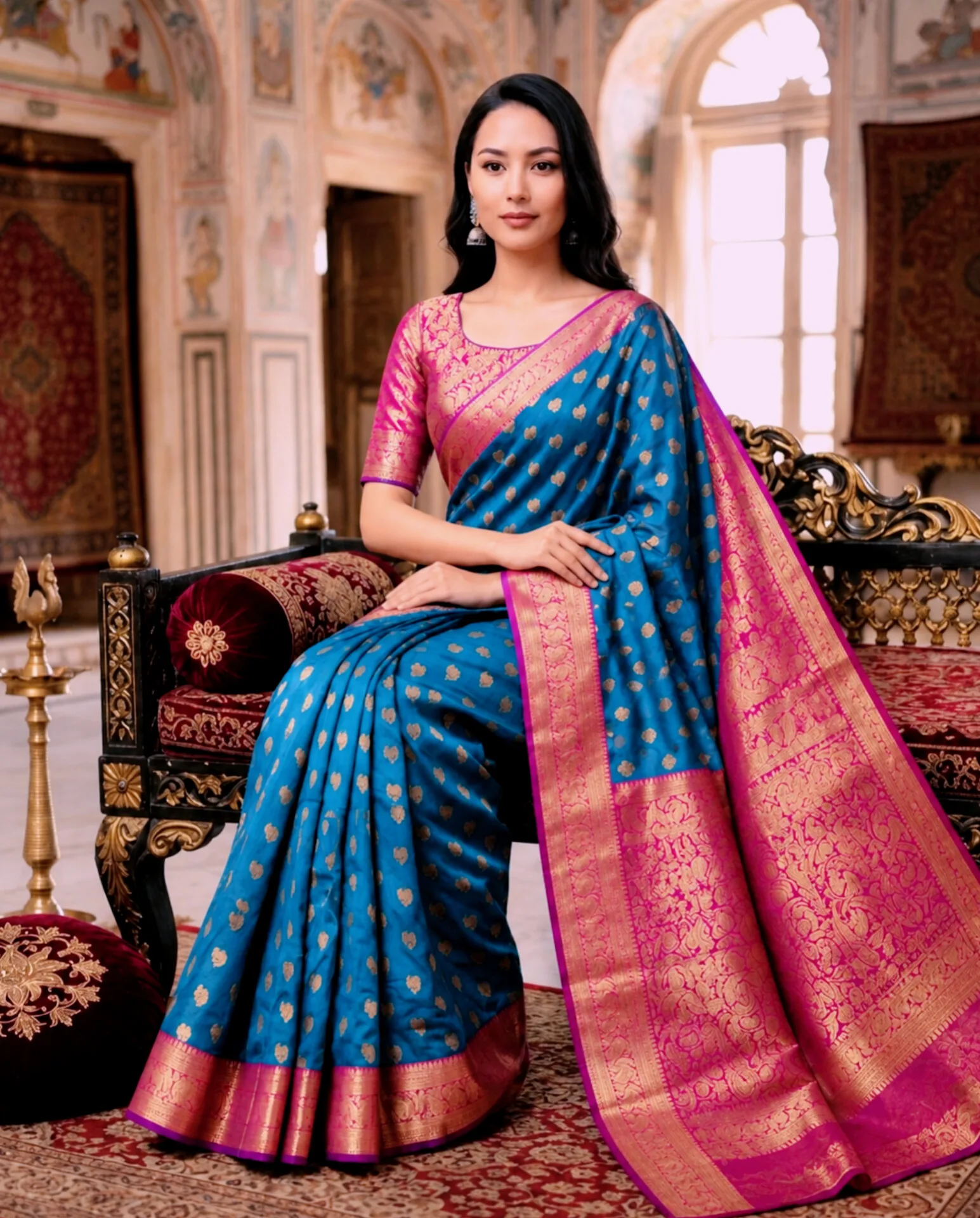 Peacock Blue Allover Zari Border Saree