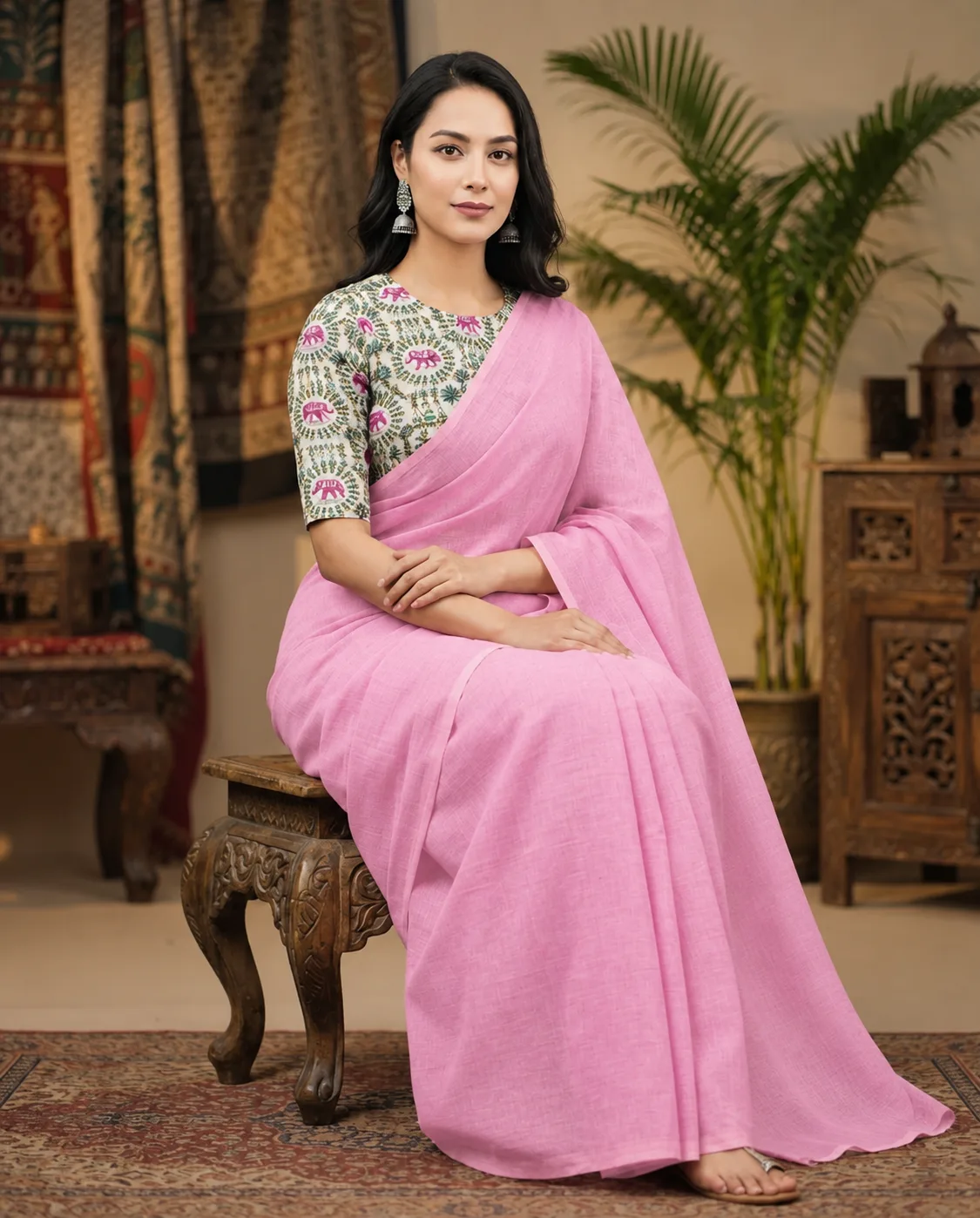 Khaddi Cotton Saree With Worli Print Blouse view 4