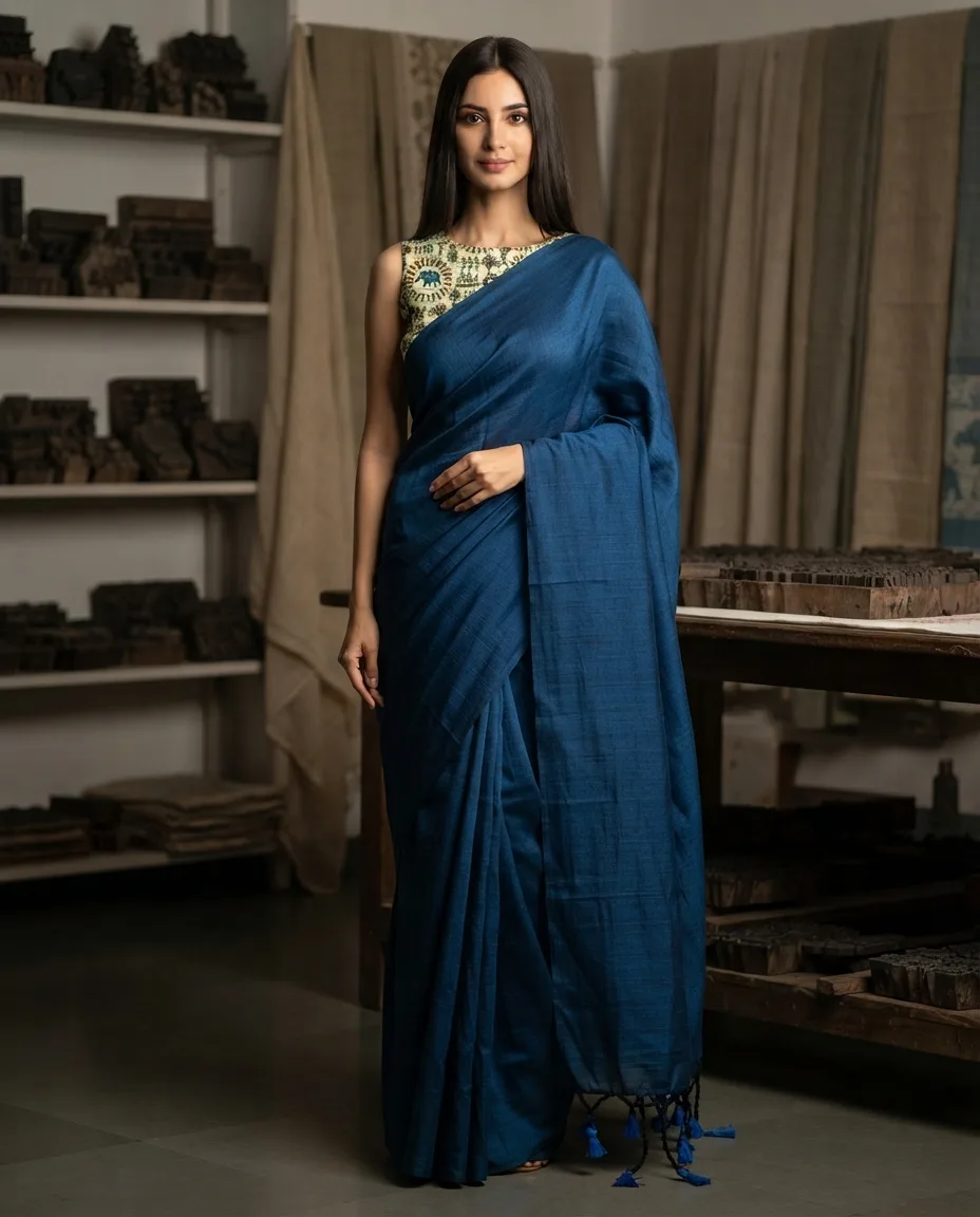 Khaddi Cotton Saree with Worli Print Blouse view 7