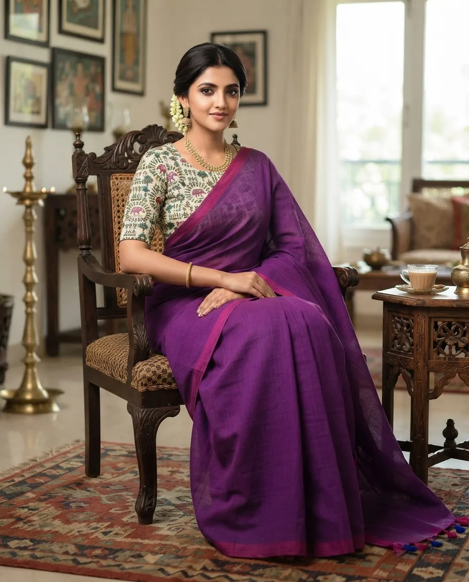 Khaddi Cotton Saree With Worli Print Blouse view 10