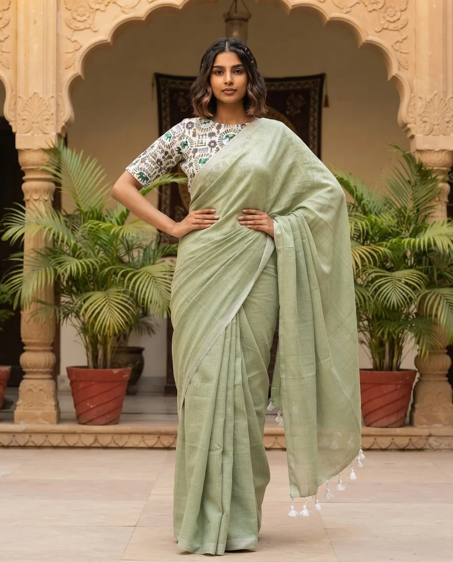 Khaddi Cotton Saree with Worli Print Blouse view 10