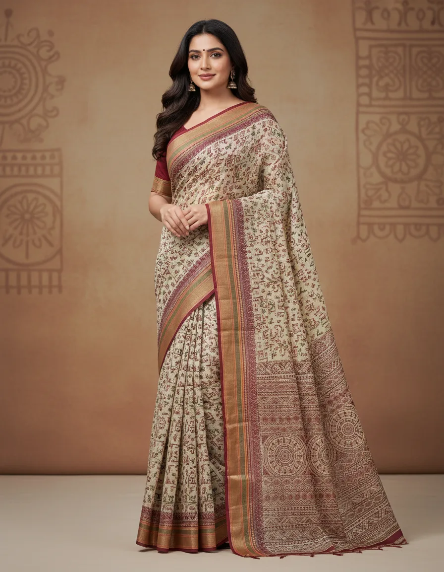 Worli Print Sarees With Contrast Maroon Border