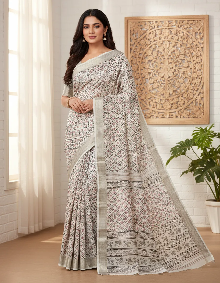 Off White Printed Modal Silk Saree