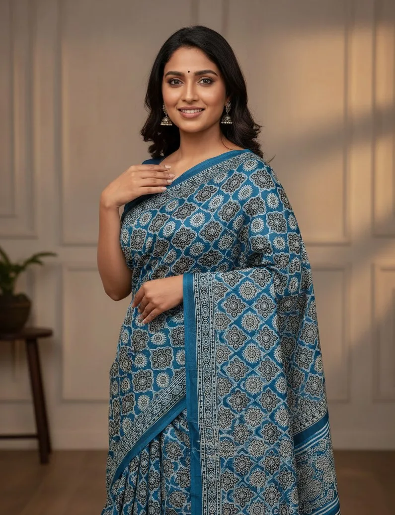 Ajrakh Print Crepe Saree view 6