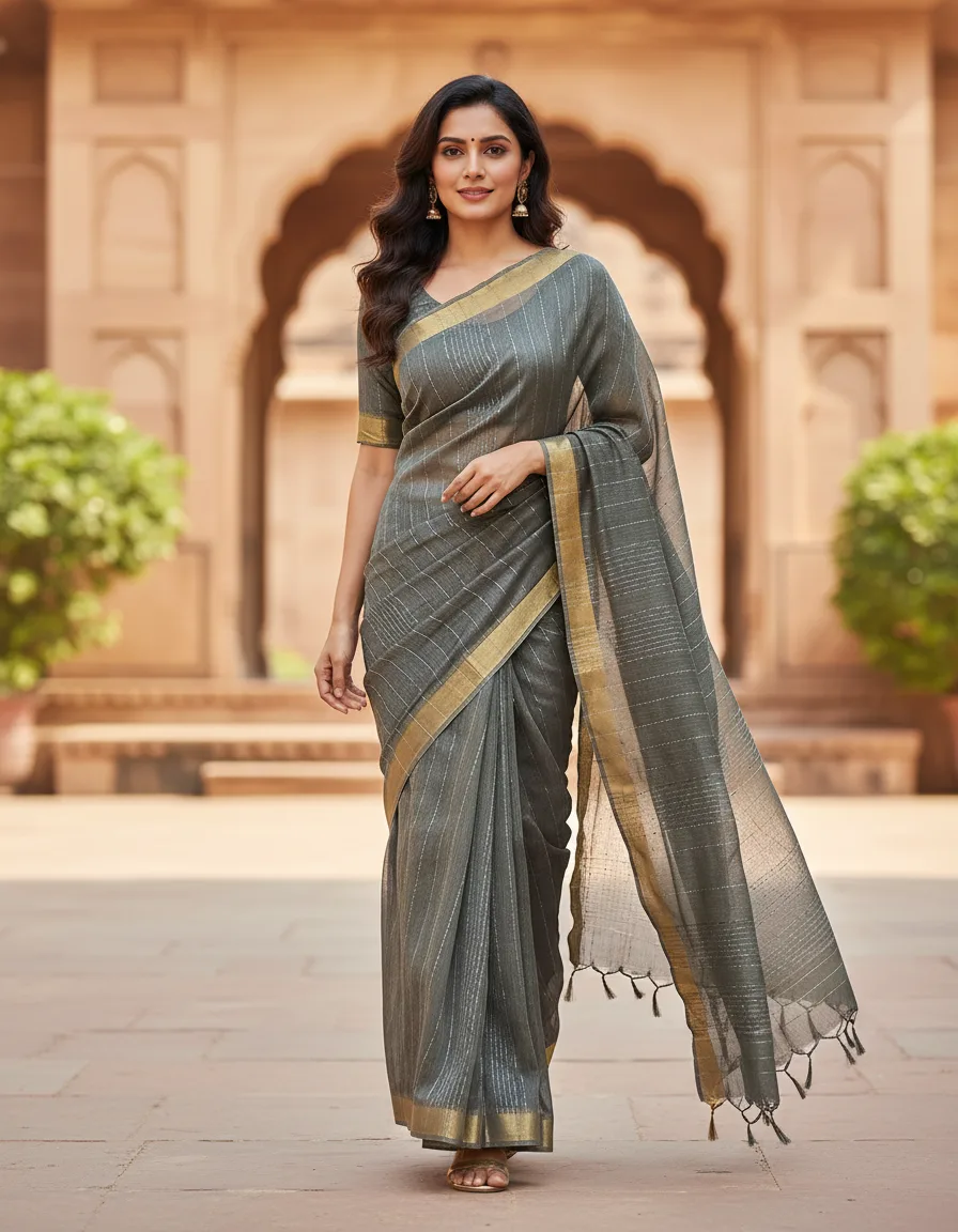 Cotton Linen Saree with Zari Border