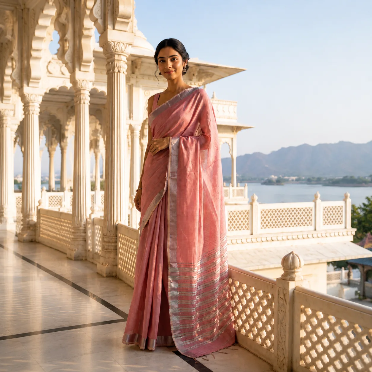 Cotton Linen Saree With Silver Border