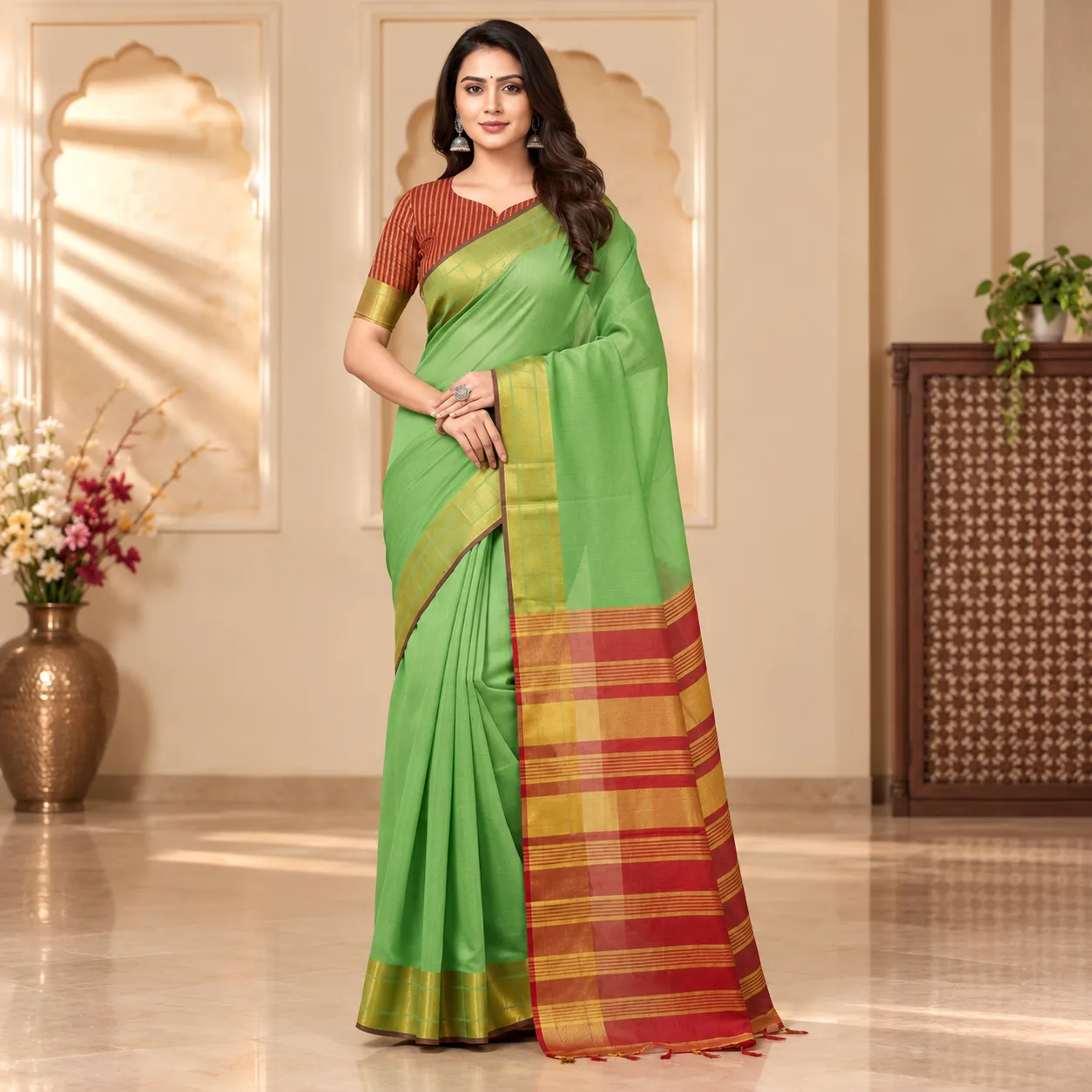 Cotton Saree With Contrast Zari Border