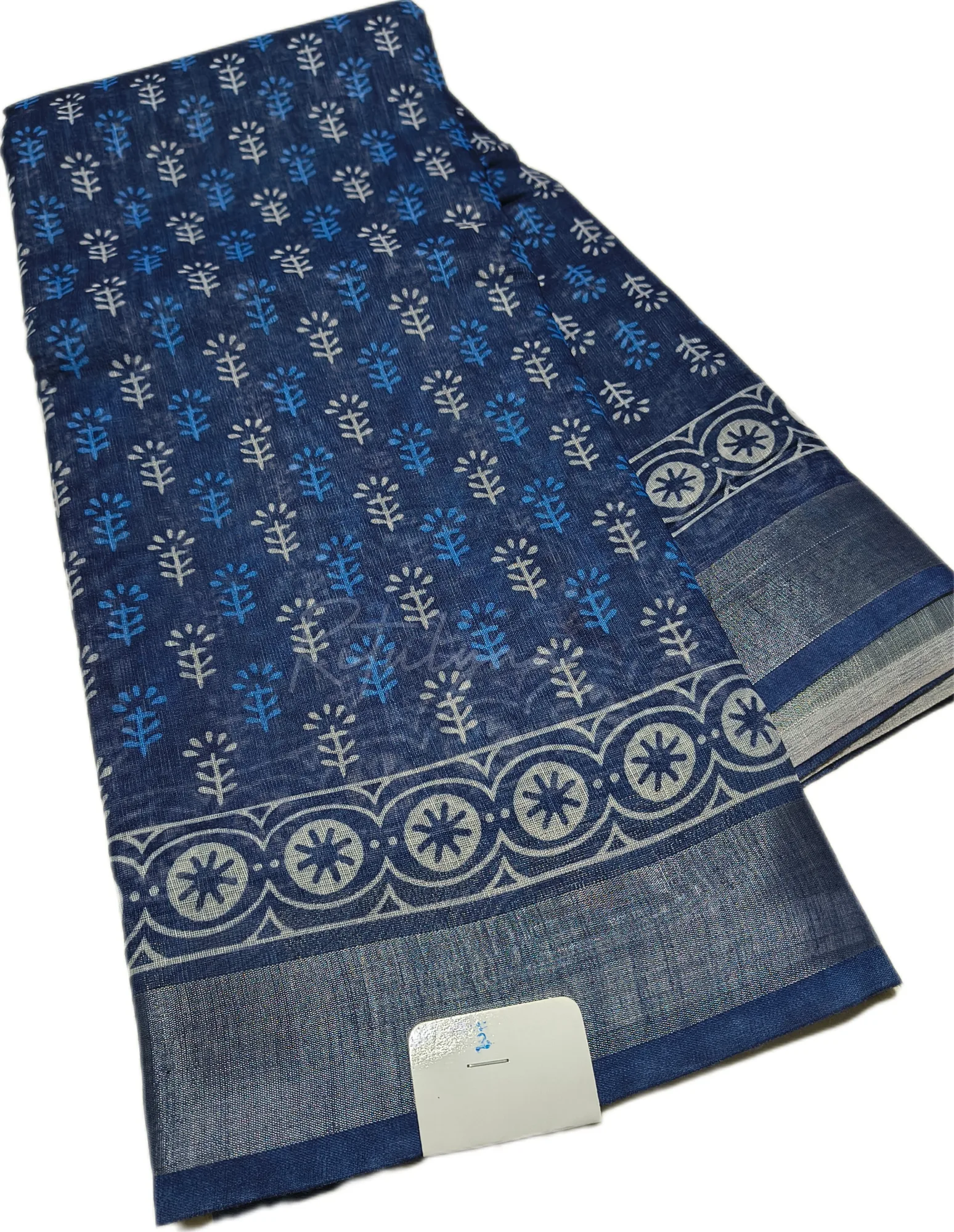 Printed Soft Cotton Indigo Saree With Zari Border view 2