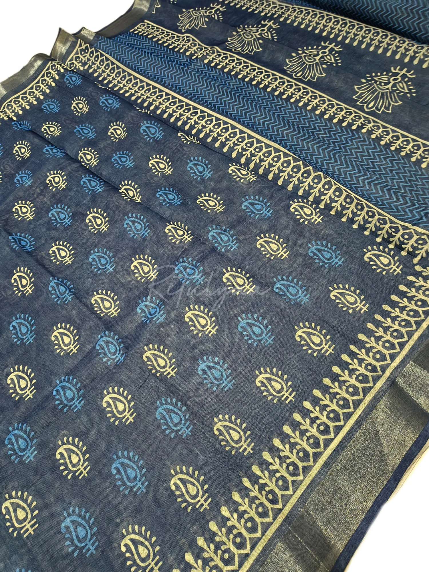 Cotton Indigo Saree With Zari Border view 3