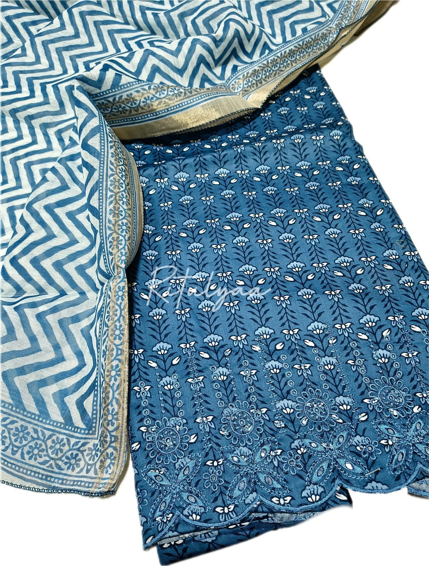 Blue Printed Pure Cotton Unstitched Suit view 2