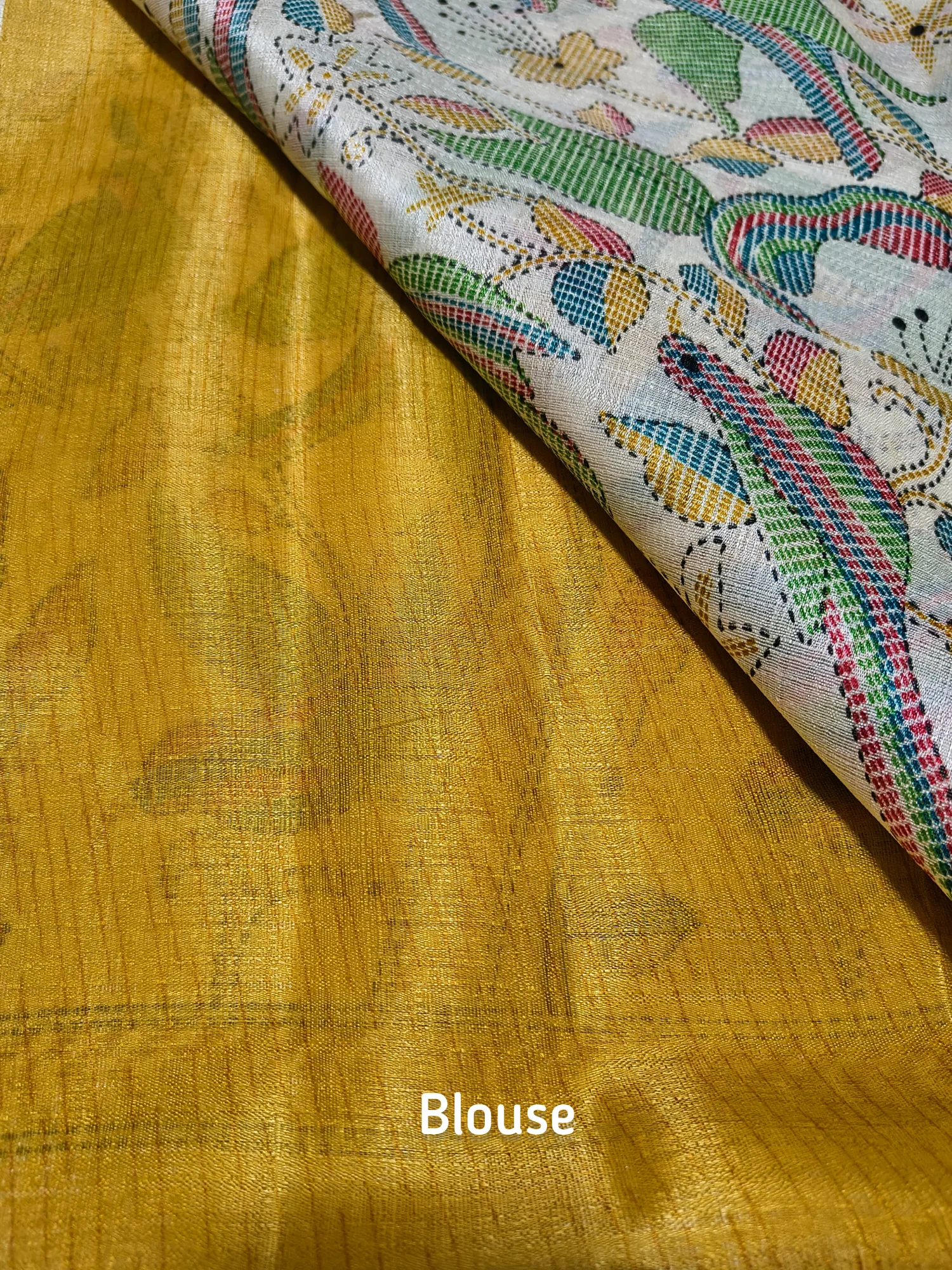 Kantha Print Saree With Contrast Mustard Blouse view 3