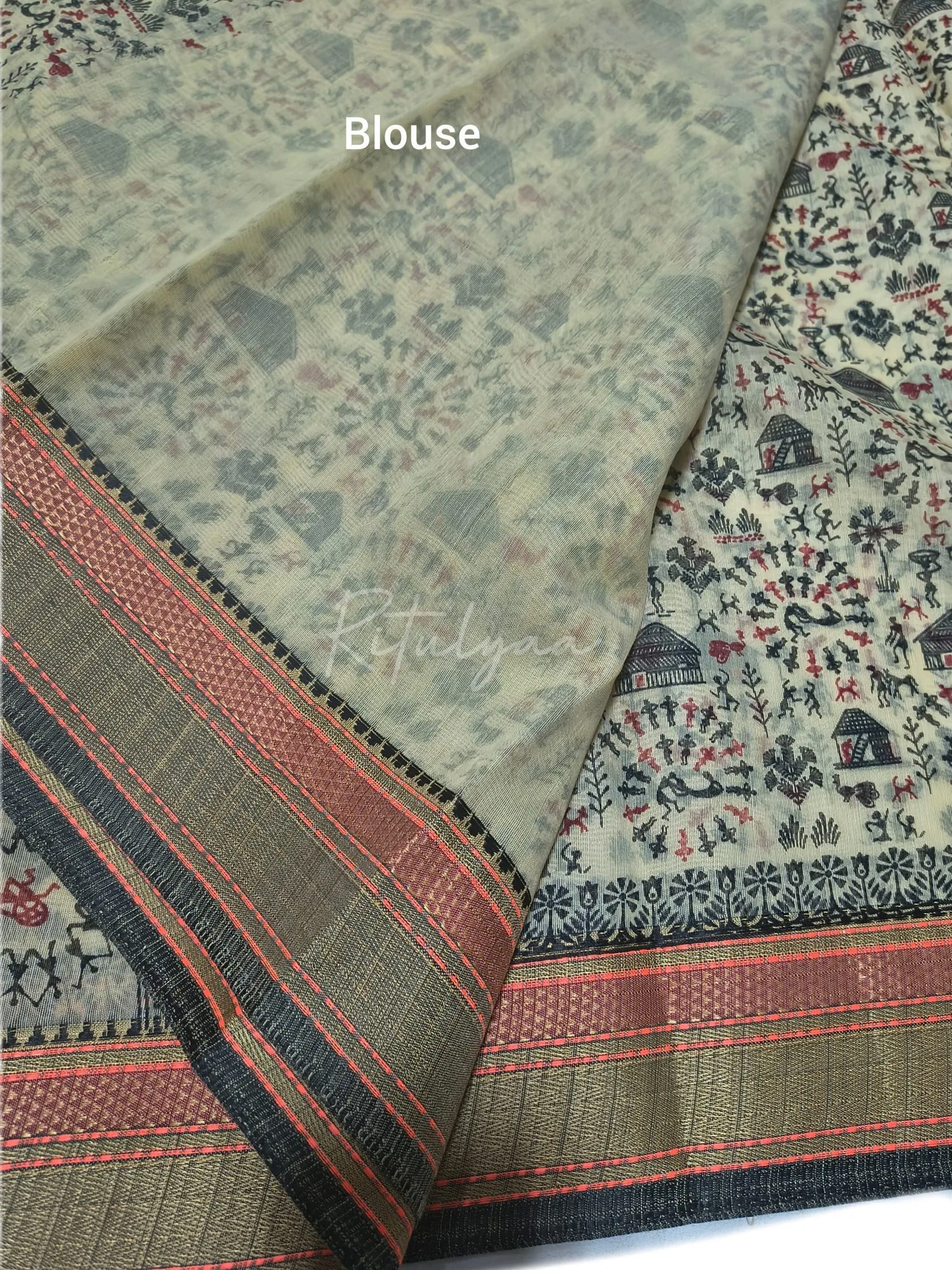 Worli Print Sarees With Contrast Black Border view 4