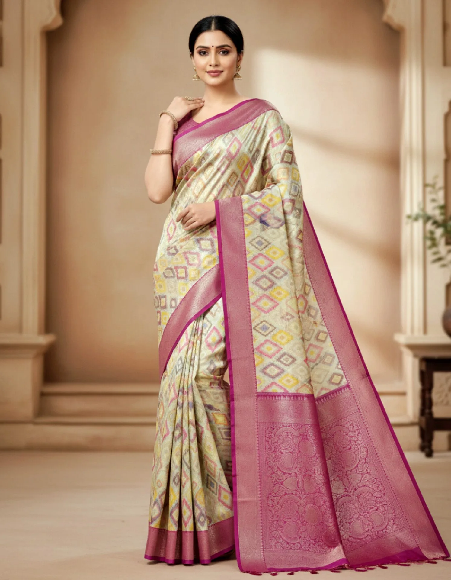 Patola Print and Zari Weaving Saree with Contrast Dark Pink Border