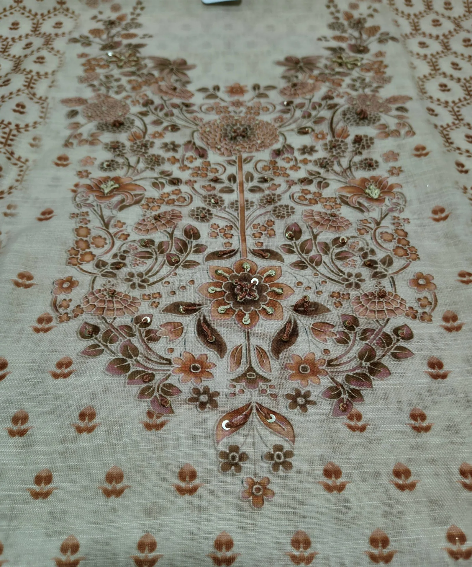 Cotton Linen Suit With Contrast Brown Print & Embroidery view 3