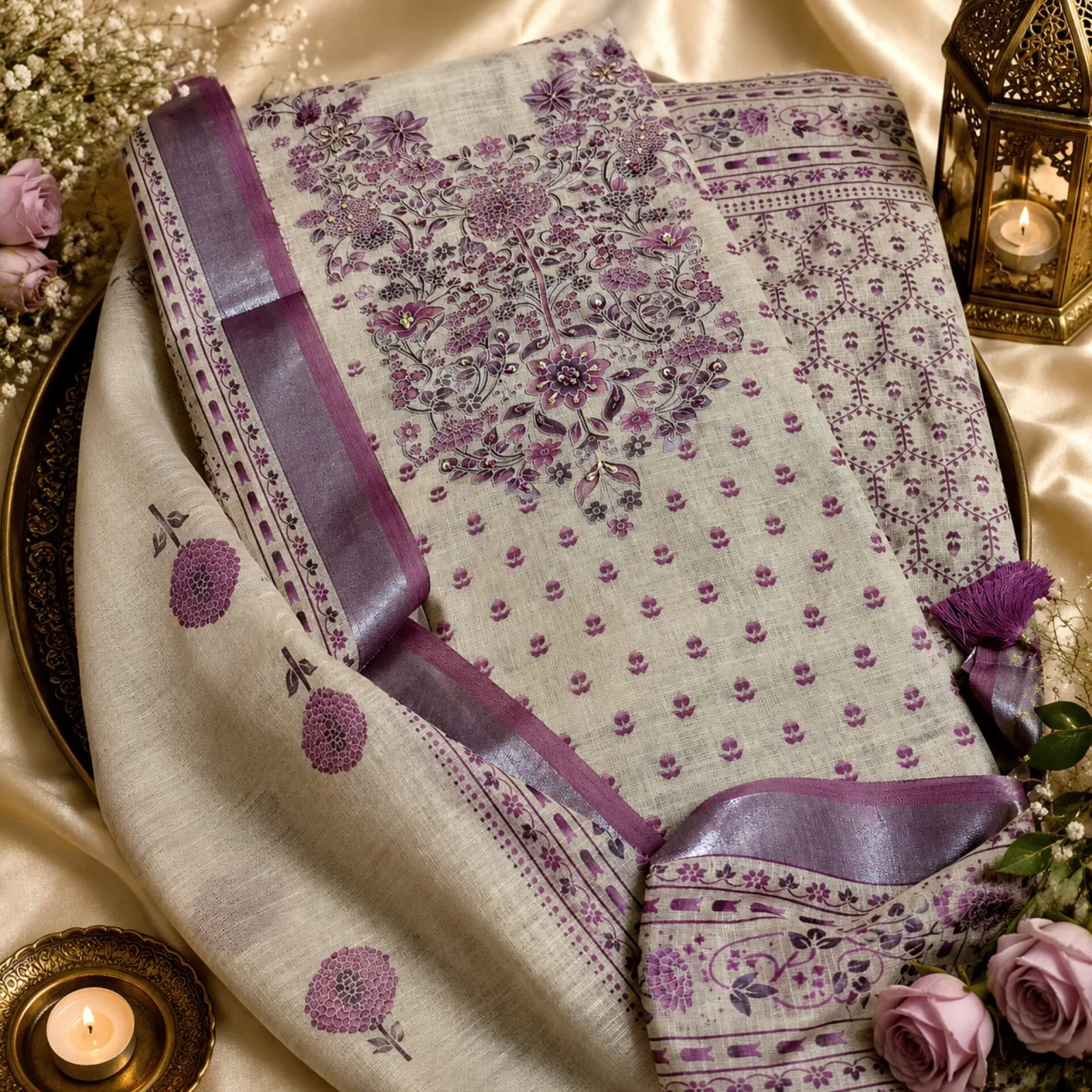 Cotton Linen Suit With Print & Embroidery