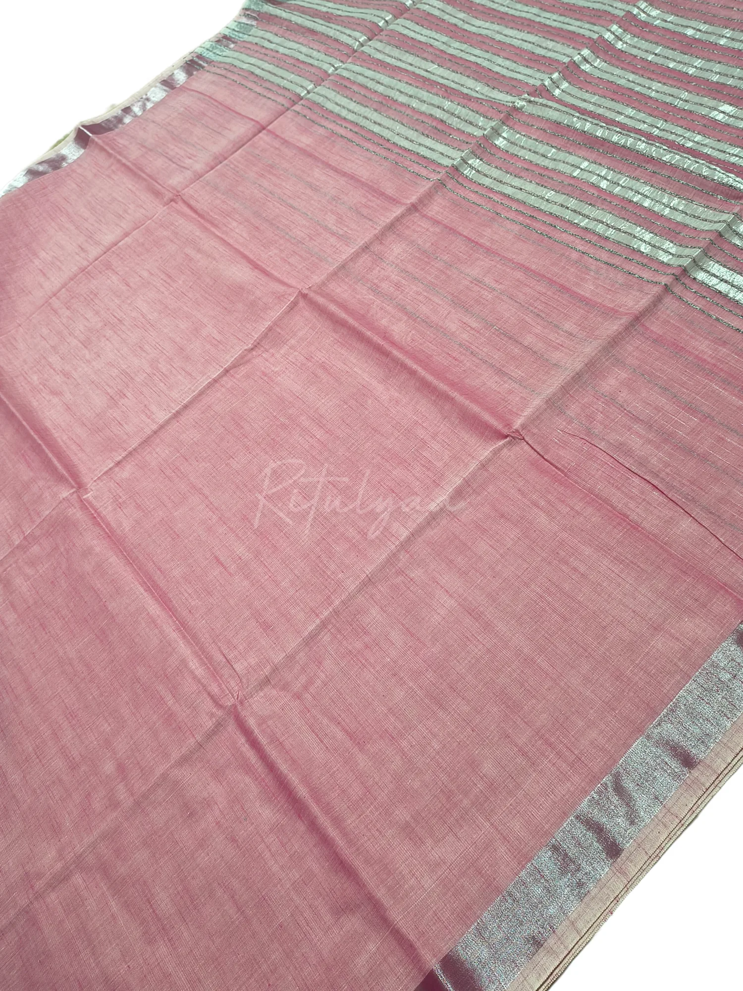 Cotton Linen Saree With Silver Border view 3